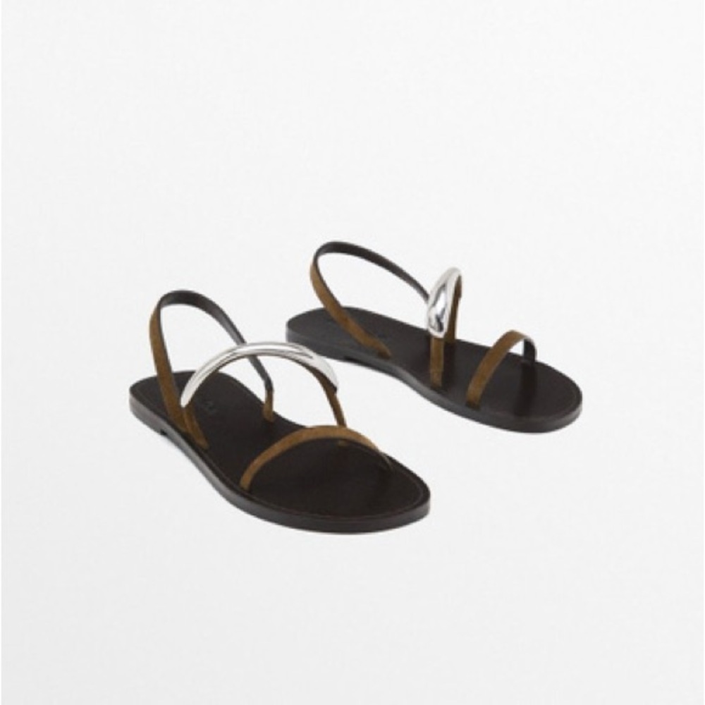 NWOT. Massimo Dutti Brown Leather Flat Multi Straps Sandal with Metal Detail. Si